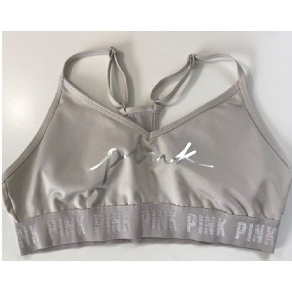 Victorias Secret PINK Silver Metallic Logo Sports Bra Gray Racerback Medium‎
